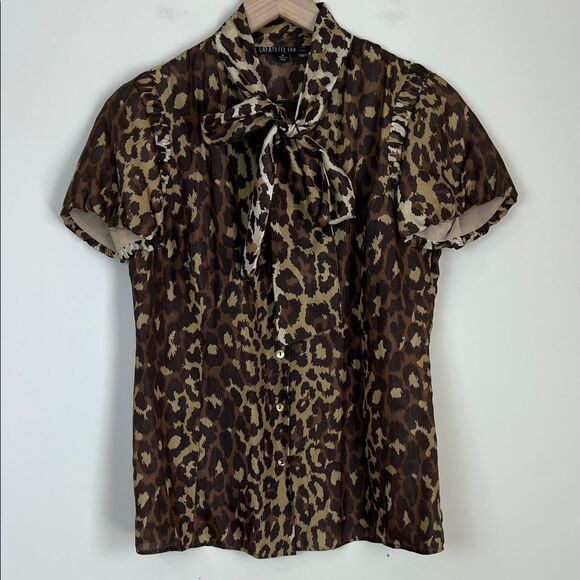 Lafayette 148 New York 100% Silk Blouse Neck Tie Button Down Animal Print Size 4 - Picture 1 of 8